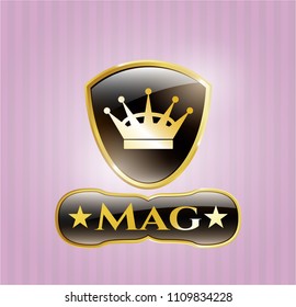   Gold badge or emblem with queen crown icon and Mag text inside