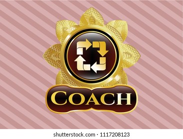  Gold badge or emblem with recycle icon and Coach text inside