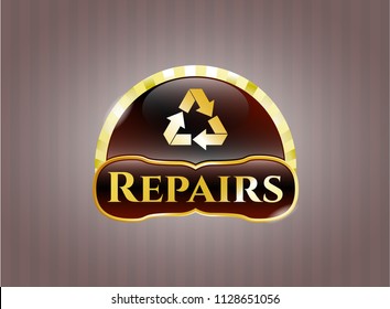  Gold badge or emblem with recycle icon and Repairs text inside