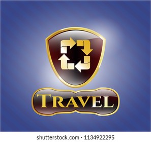  Gold badge or emblem with recycle icon and Travel text inside