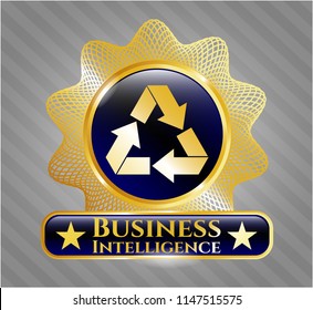  Gold badge or emblem with recycle icon and Business Intelligence text inside