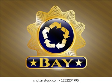  Gold badge or emblem with recycle icon and Bay text inside