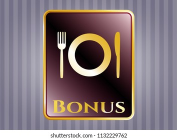  Gold badge or emblem with restaurant icon and Bonus text inside