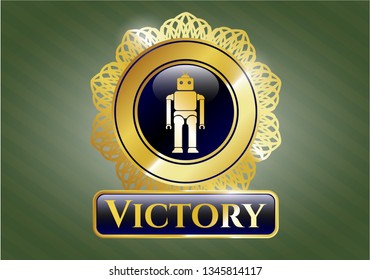  Gold badge or emblem with robot icon and Victory text inside