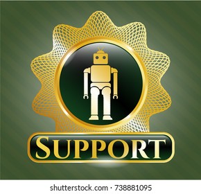  Gold badge or emblem with robot icon and Support text inside