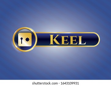  Gold badge or emblem with safe, safety deposit box icon and Keel text inside