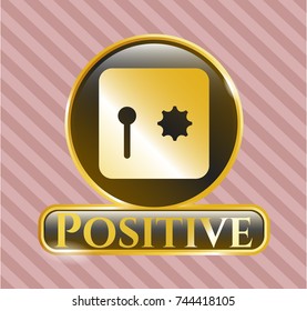  Gold badge or emblem with safe, safety deposit box icon and Positive text inside