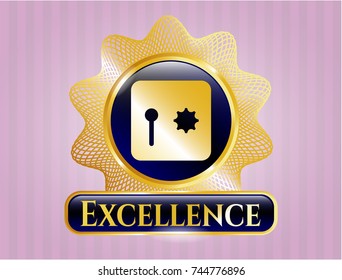  Gold badge or emblem with safe, safety deposit box icon and Excellence text inside