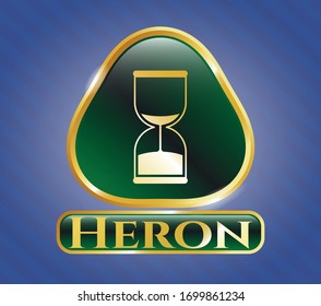  Insignia de oro o emblema con icono del reloj de arena y texto de Heron dentro
