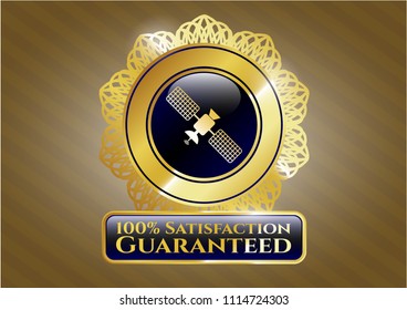  Gold badge or emblem with satelite icon and 100% Satisfaction Guaranteed text inside