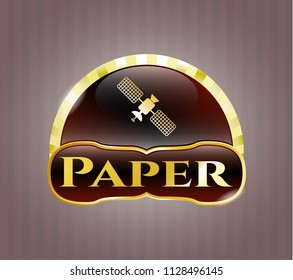  Gold badge or emblem with satelite icon and Paper text inside
