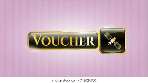  Gold badge or emblem with satelite icon and Voucher text inside