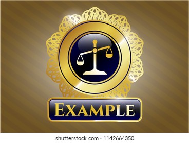   Gold badge or emblem with scale icon and Example text inside