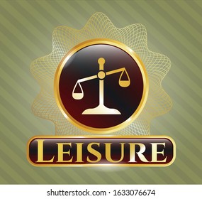  Gold badge or emblem with scale icon and Leisure text inside