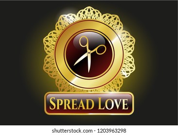  Gold badge or emblem with scissors icon and Spread Love text inside