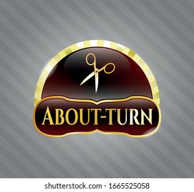  Insignia de oro o emblema con tijeras icono y texto de vuelta en el interior