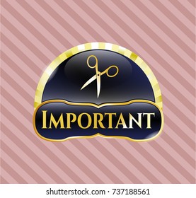  Gold badge or emblem with scissors icon and Important text inside