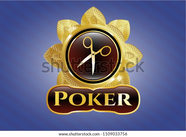  Gold badge or emblem with scissors icon and Poker\
text inside