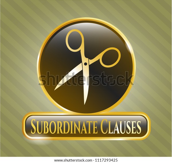 Gold badge or emblem with scissors icon and\
Subordinate Clauses text\
inside