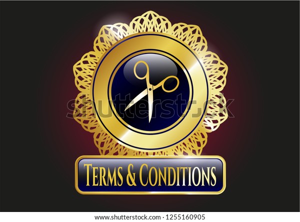  Gold badge or emblem with scissors icon and\
Terms & Conditions text\
inside