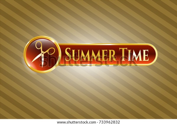  Gold badge or emblem with scissors icon and\
Summer Time text inside