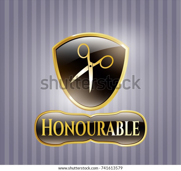  Gold badge or emblem with scissors icon and\
Honourable text inside