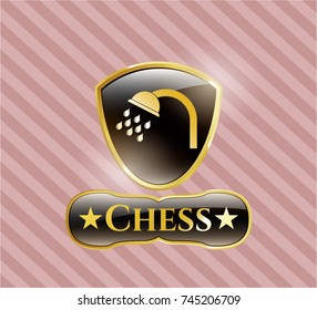 Gold badge or emblem with shower icon and Chess text inside