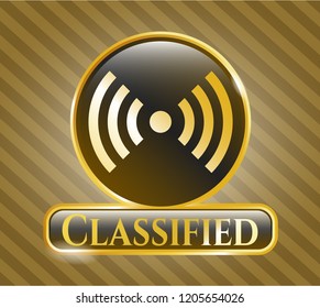  Gold badge or emblem with signal icon and Classified text inside