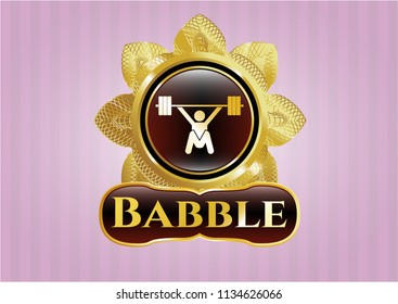  Gold badge or emblem with snatch, weightlifting icon and Babble text inside