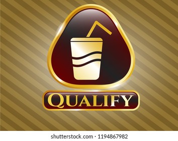  Gold badge or emblem with soda icon and Qualify text inside