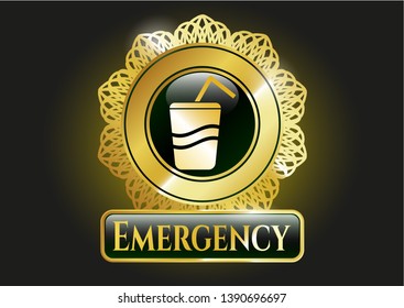  Gold badge or emblem with soda icon and Emergency text inside