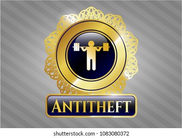   Gold badge or emblem with squat icon and Antitheft text inside