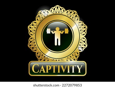 Gold badge or emblem with squat icon and Captivity text inside