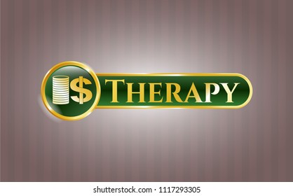  Gold badge or emblem with stack of coins icon and Therapy text inside