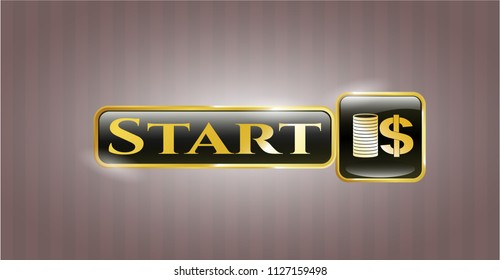  Gold badge or emblem with stack of coins icon and Start text inside