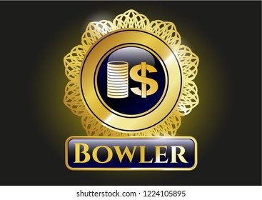  Gold badge or emblem with stack of coins icon and Bowler text inside