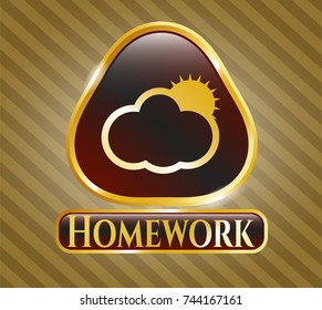  Gold badge or emblem with sun behind cloud icon and Homework text inside