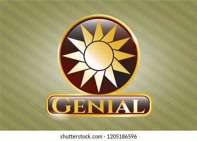  Gold badge or emblem with sun icon and Genial text inside