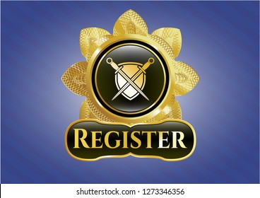  Gold badge or emblem with swords crossed with shield icon and Register text inside
