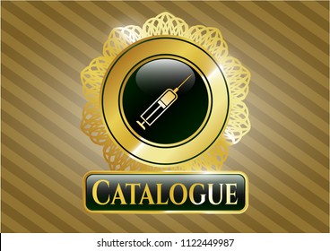  Gold badge or emblem with syringe icon and Catalogue text inside