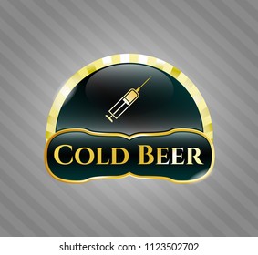  Gold badge or emblem with syringe icon and Cold Beer text inside
