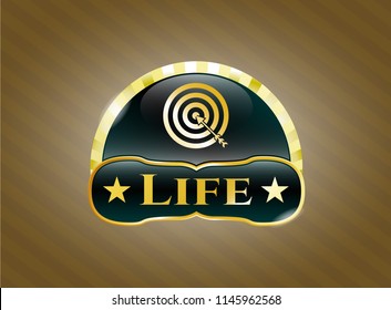  Gold badge or emblem with target, business icon and Life text inside