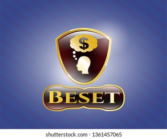 Gold badge or emblem with thinking in money icon and Beset text inside