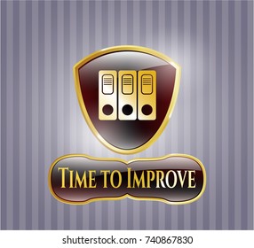  Gold badge or emblem with three folders icon and Time to Improve text inside
