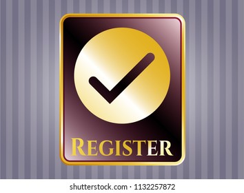  Gold badge or emblem with tick icon and Register text inside