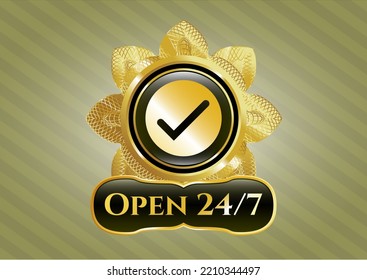 Gold badge or emblem with tick icon and Open 247 text inside