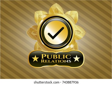  Gold badge or emblem with tick icon and Public Relations text inside