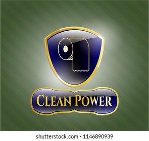  Gold badge or emblem with toilet paper icon and Clean Power text inside