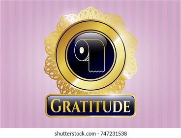  Gold badge or emblem with toilet paper icon and Gratitude text inside