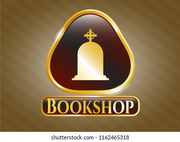  Gold badge or emblem with tombstone icon and Bookshop text inside